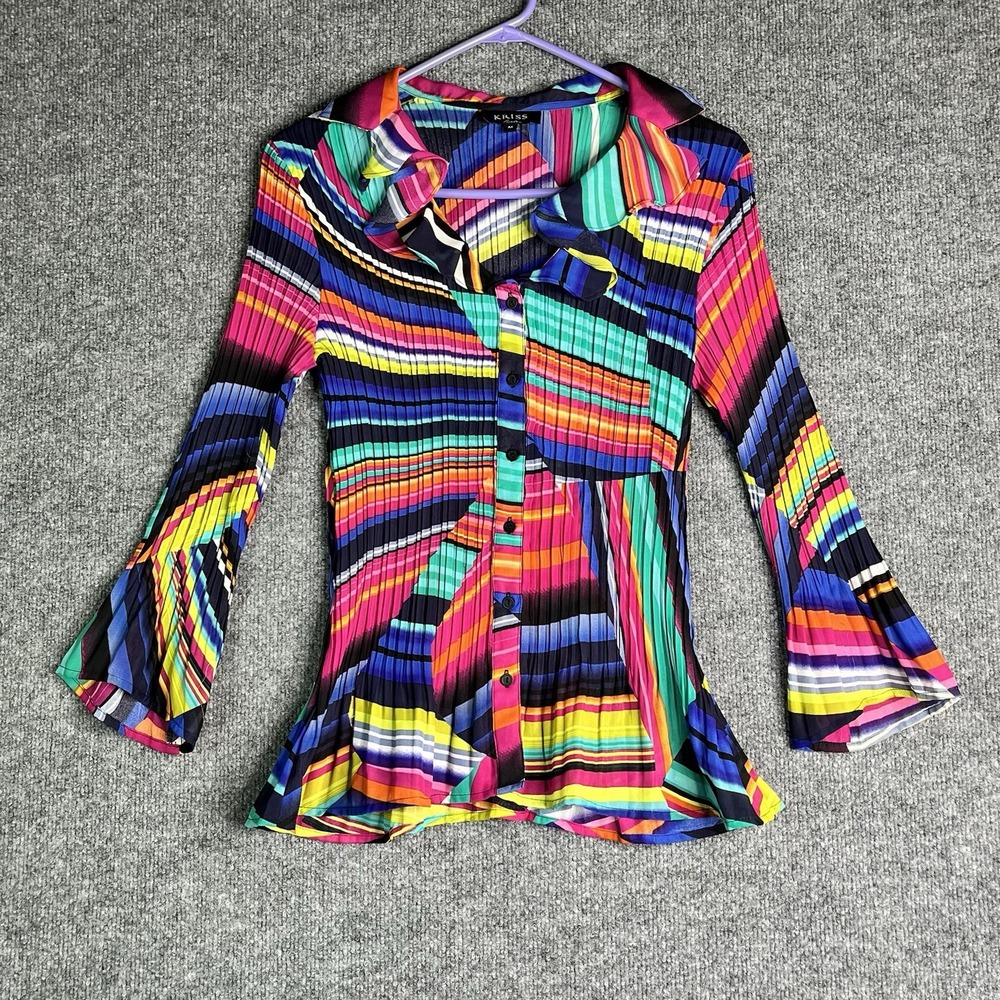KRISS Sweden Blouse Sz M Accordion Pleated Vibrant Multi Color Y2K Bell Sleeves